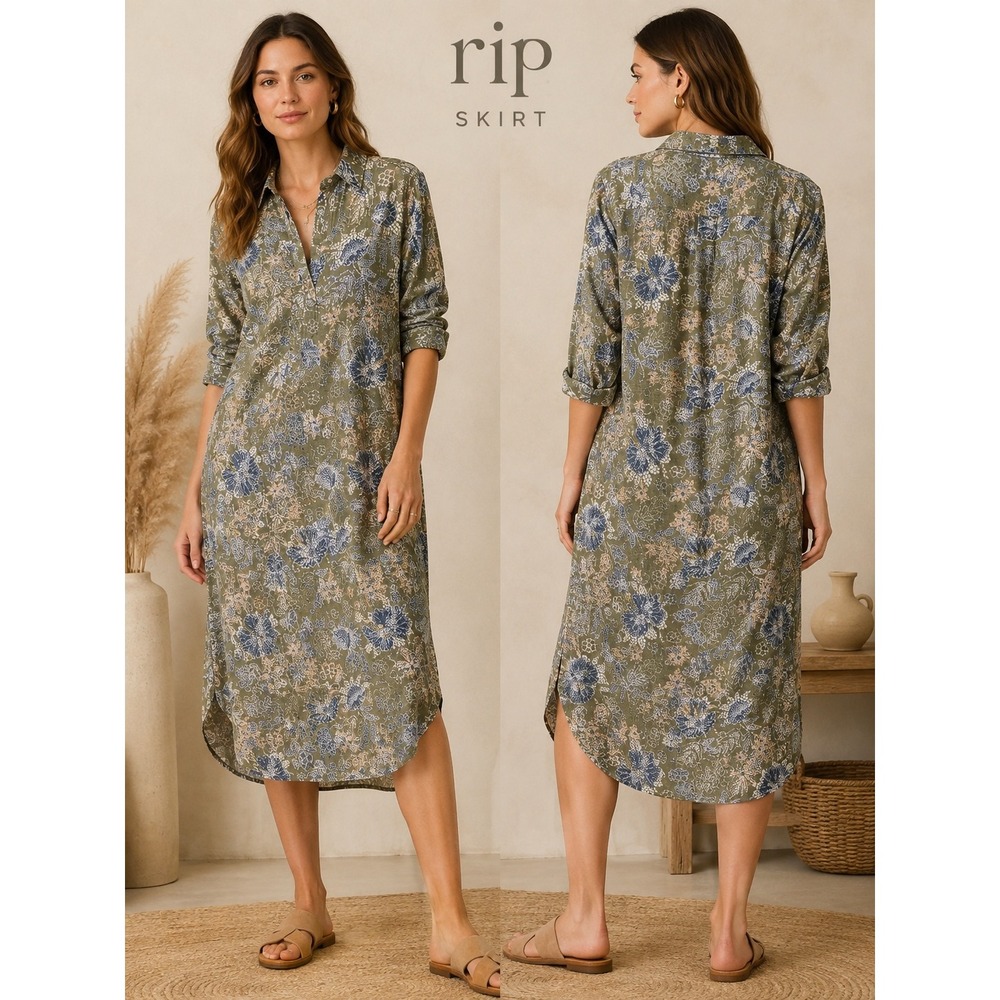 RipSkirt Hawaii Boho Legenlook Cotton Gauze Shirt Dress Olive Floral Midi Size L